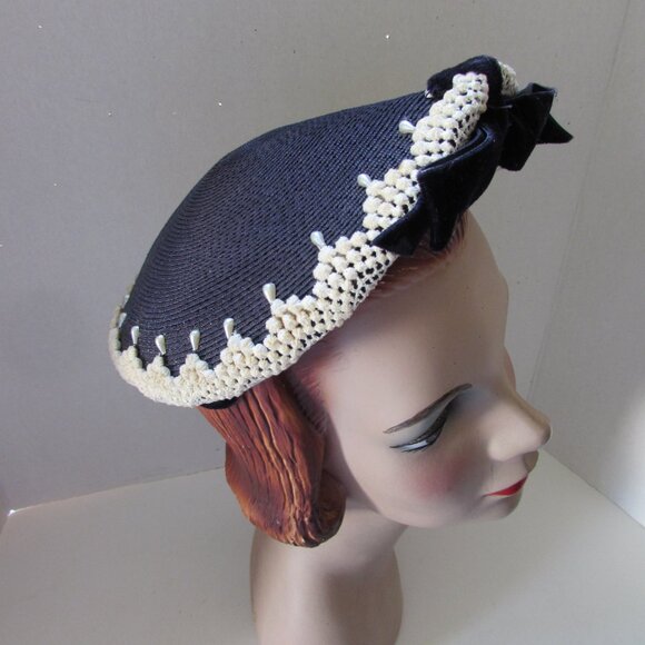 SALE Vintage Mid Century Hat Navy Weave White Trim Tear Drop Shape - Picture 1 of 13